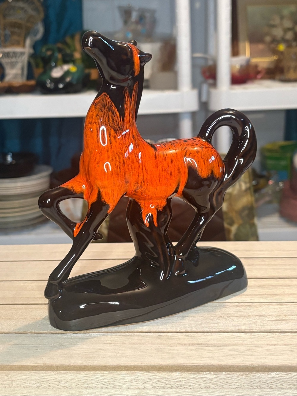 Vintage Orange and Brown Ceramic Horse Statue - Home Art